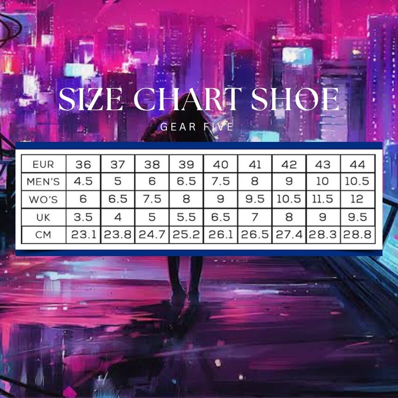 Size chart for shoes displayed in front of a futuristic cityscape with neon lights.