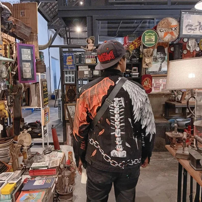 black denim jacket streetwear devil wings and angel wings design gothic style clothes