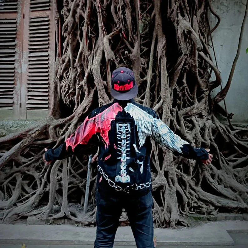 black denim jacket streetwear devil wings and angel wings design gothic style clothes