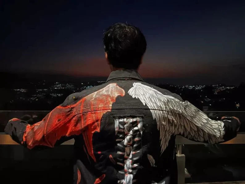 black denim jacket streetwear devil wings and angel wings design gothic style clothes