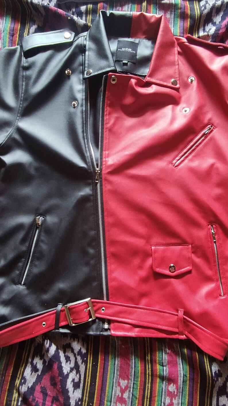 Bespoke Two Tone Clothing Black and red leather jacket on a patterned fabric background