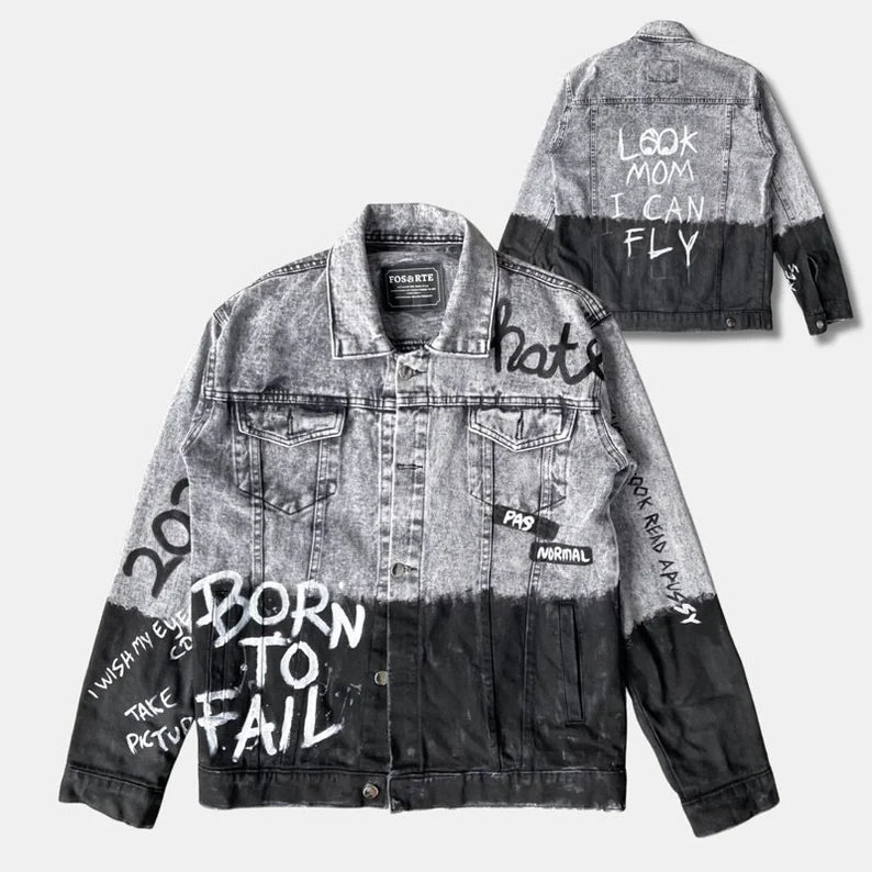 Combine black and white denim jacket street art style clothing graffiti skater outfit ideas