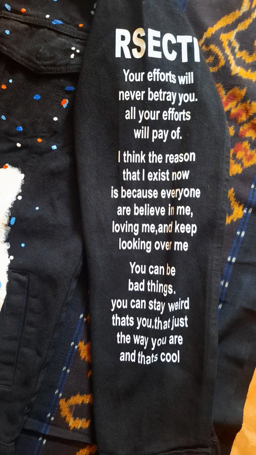 K-Pop Luxury Black jacket with white text on a colorful background