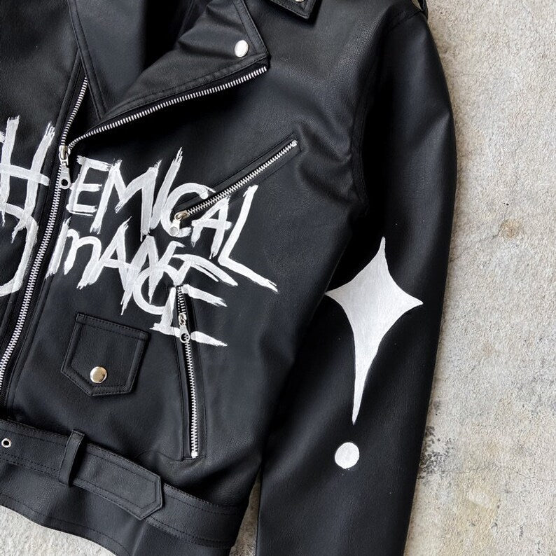 Black Leather Jacket with Hand-Painted My Chemical Romance concert outfit