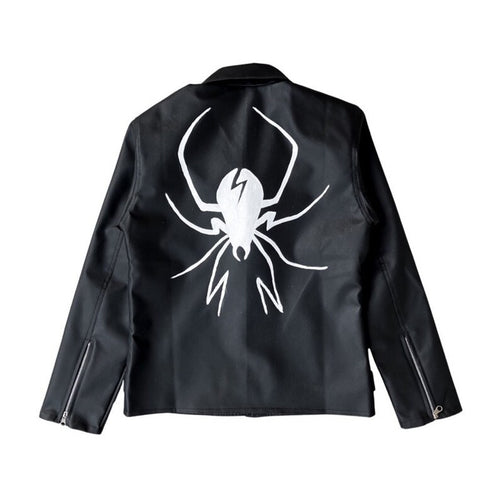 Emo Concert Outfit Black leather jacket with a white spider design on the back against a white background