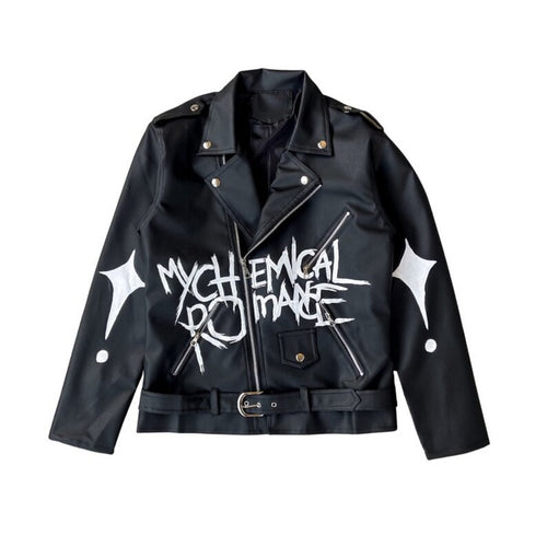 Black leather jacket with 'My Chemical Romance' text and star designs on a white background