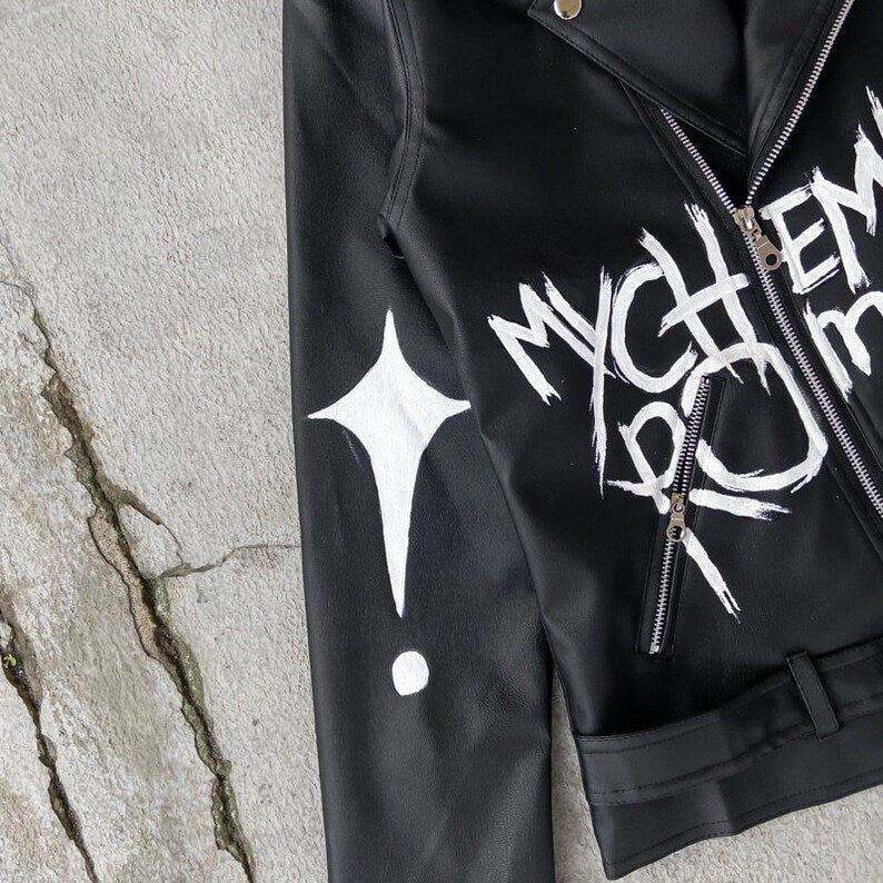 Black Leather Jacket with Hand-Painted My Chemical Romance concert outfit