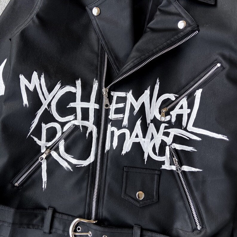Black Leather Jacket with Hand-Painted My Chemical Romance concert outfit