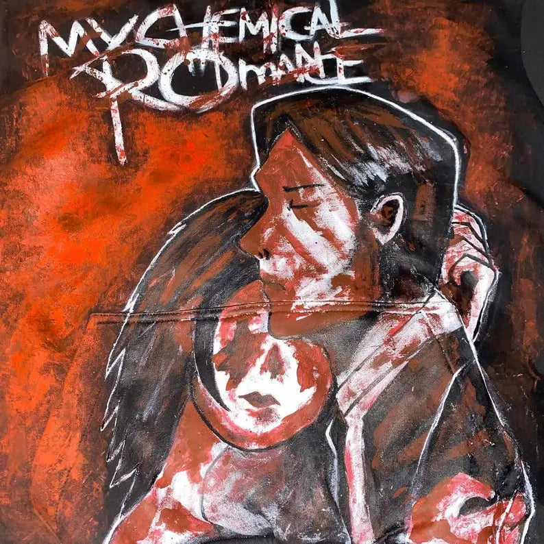 Hand Painted Emo Clothing Artistic depiction of two people embracing with 'My Chemical Romance' band name above.