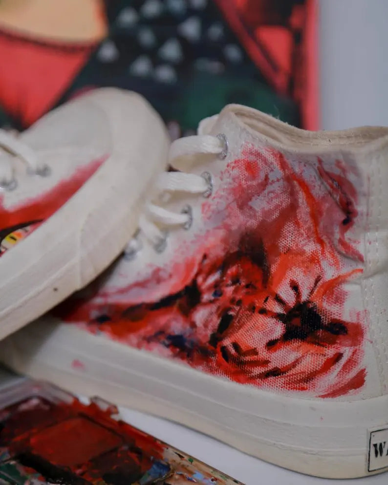 Witchy Aesthetics White sneakers with red and black abstract design on a colorful background