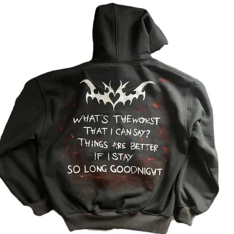 The "Black Parade" Rebel: Hand-Painted MCR Punk Rock Hoodie with white text and bat design on the back, on a white background