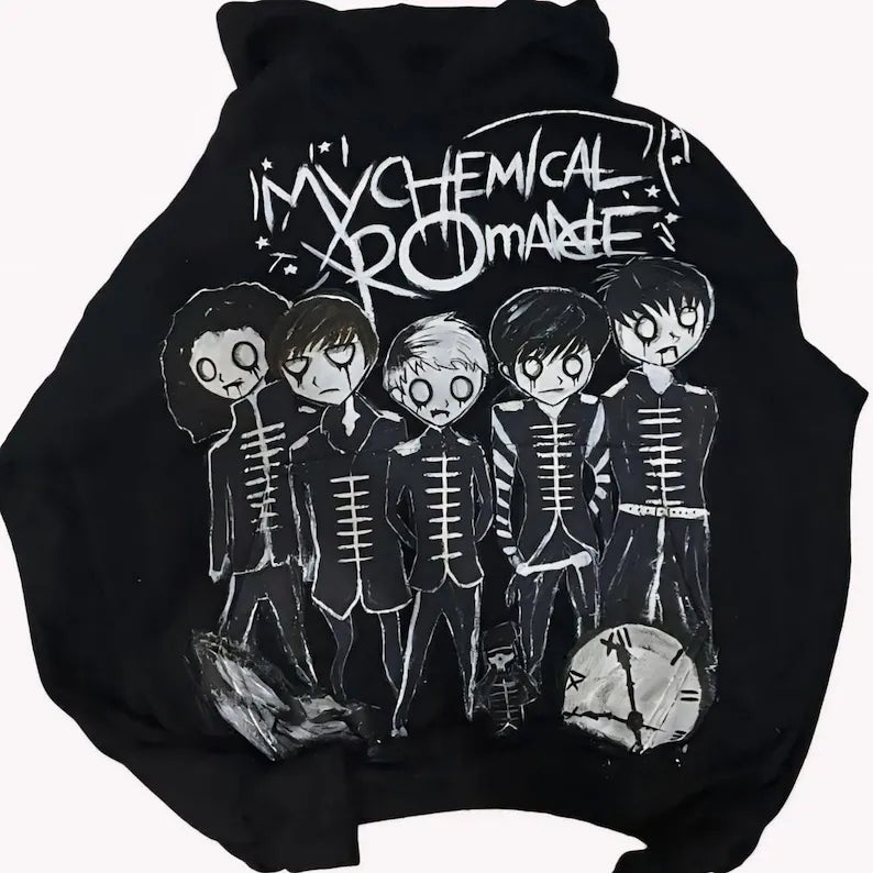 The Black Parade Merch Black hoodie with 'I'm Chemical Romance' design featuring cartoon characters and a clock.