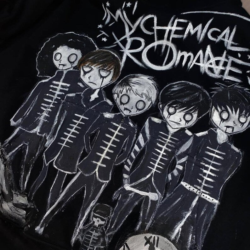 Gothic Street Art Hoodie Illustration of characters with skeleton outfits and 'My Chemical Romance' text on a black background