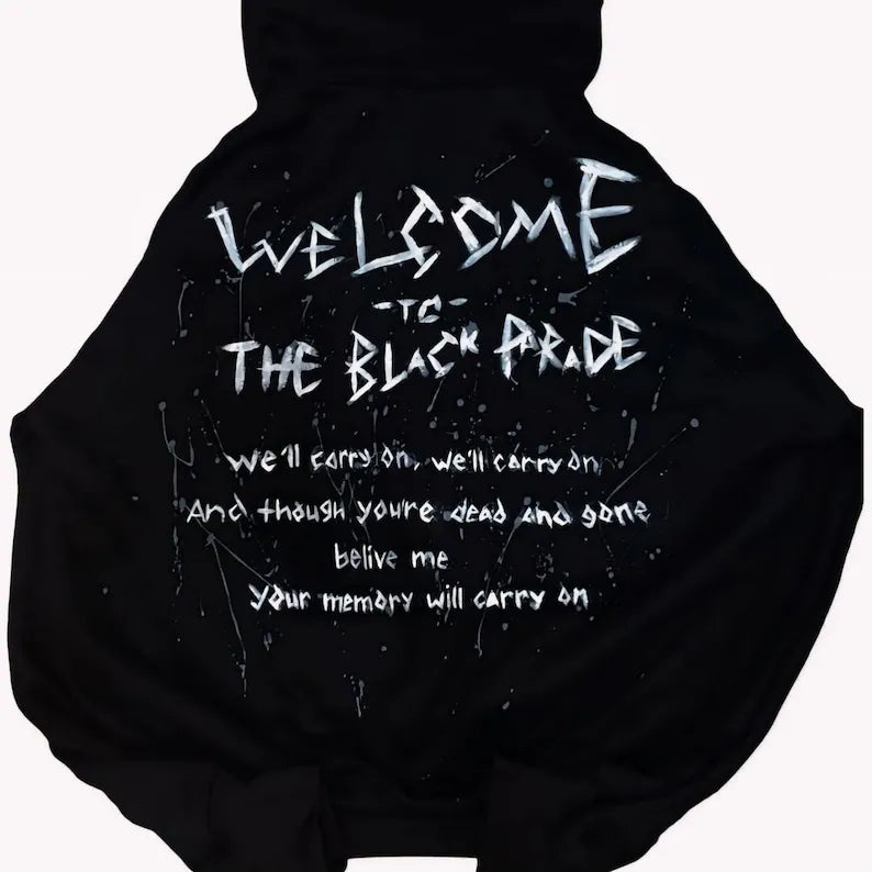 My Chemical Romance hoodie with the black parade Black hoodie with white text on a white background
