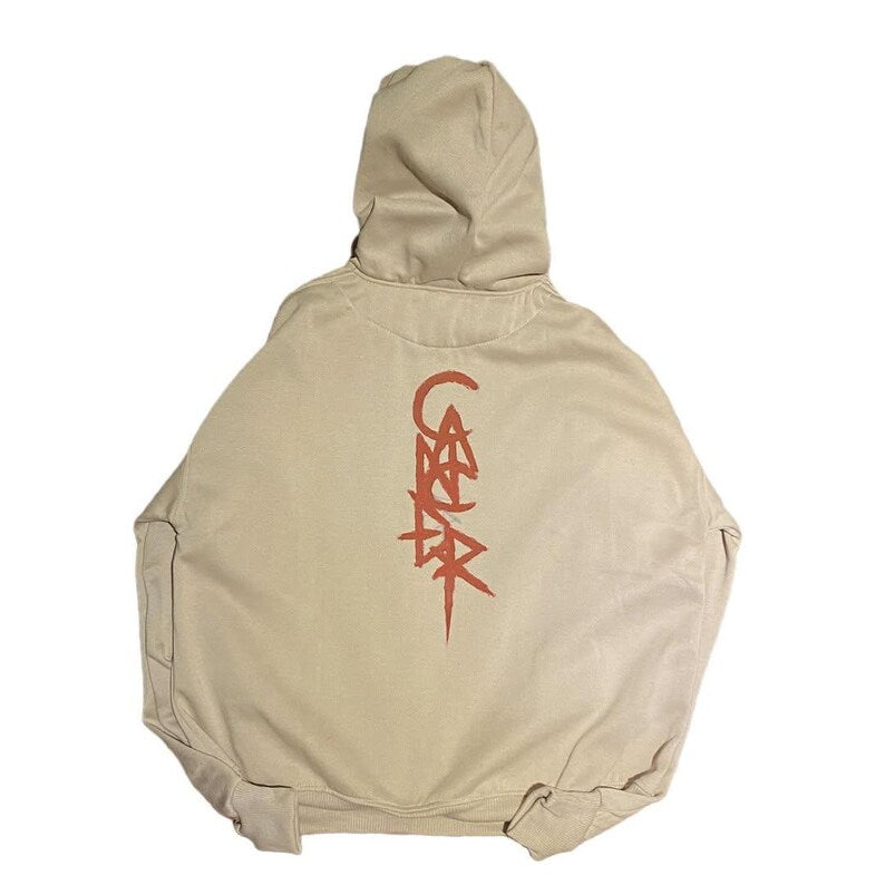 Beige MCR Merch sleeveless hoodie with red logo on the back against a white background
