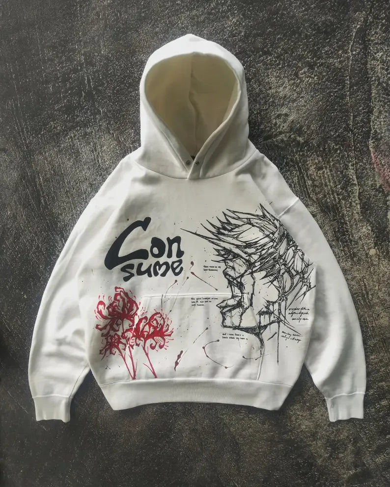Hand Painted Consume Hoodie with graphic design on a textured black background