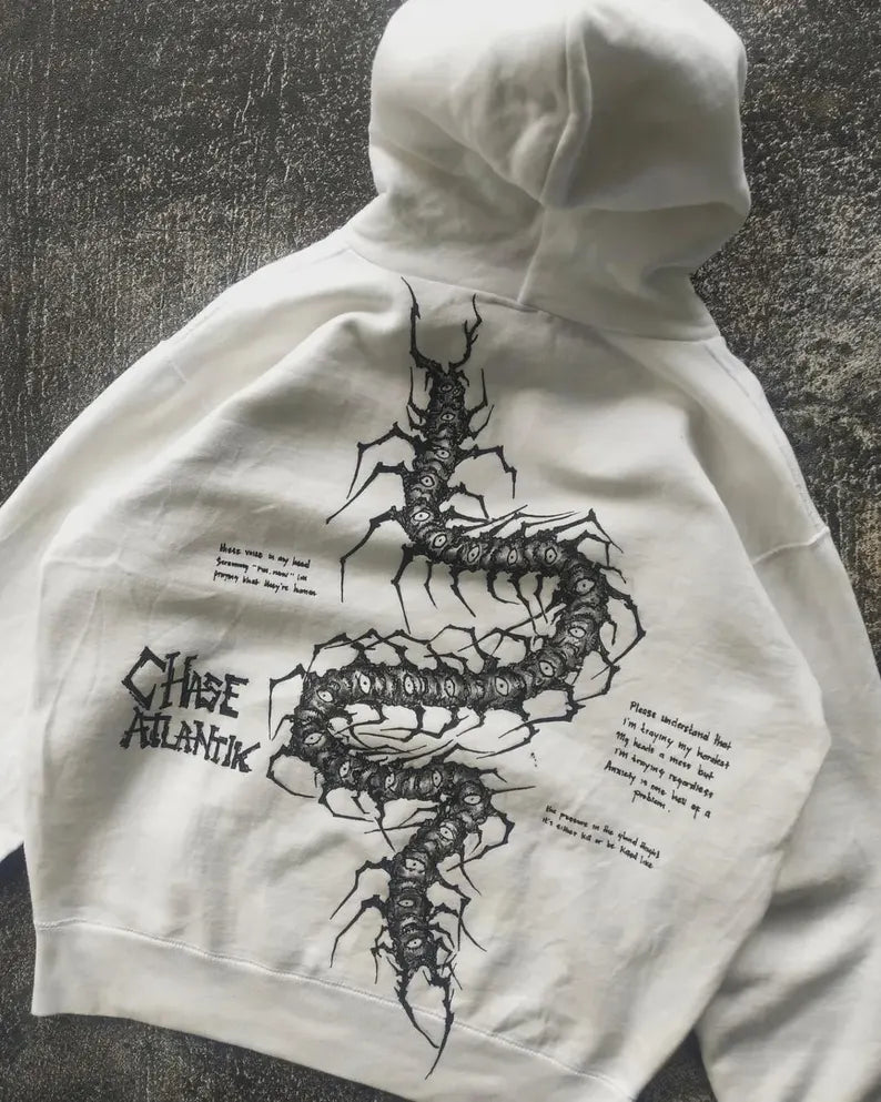 Chase Atlantic White hoodie with black scorpion design and text on a textured background Punk-Rock Streetwear