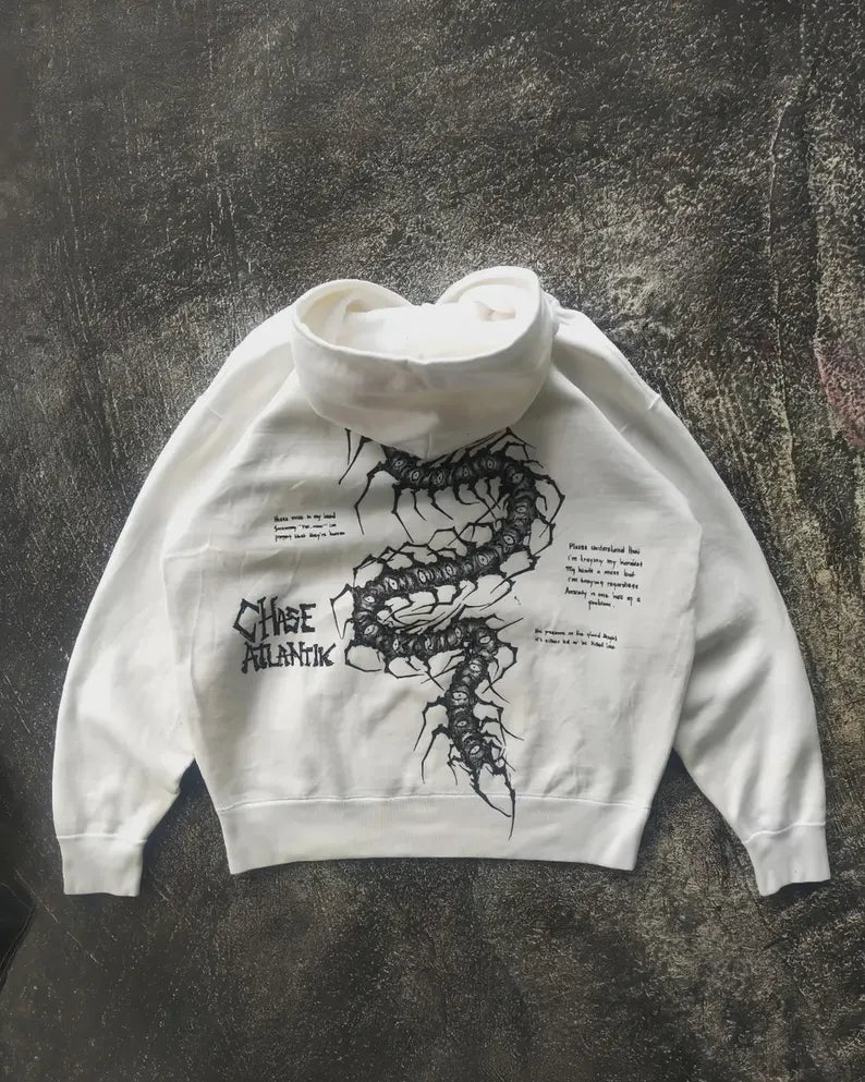 Hand Painted chase atlantik Merch White hoodie with black graphic design on a textured dark surface