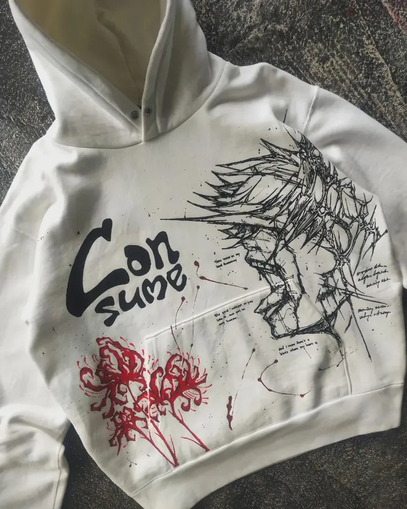 Chase Atlantic consume hoodie with black and red graphics and text on a dark surface