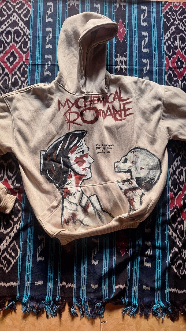my Chemical Romance hoodie Beige hoodie with graphic design on a patterned fabric background concert outfit