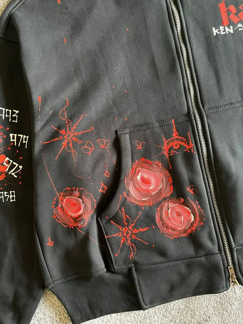 Street-Style Anime Art Hoodie with red rose designs on the sleeve and pocket, featuring a brand logo.