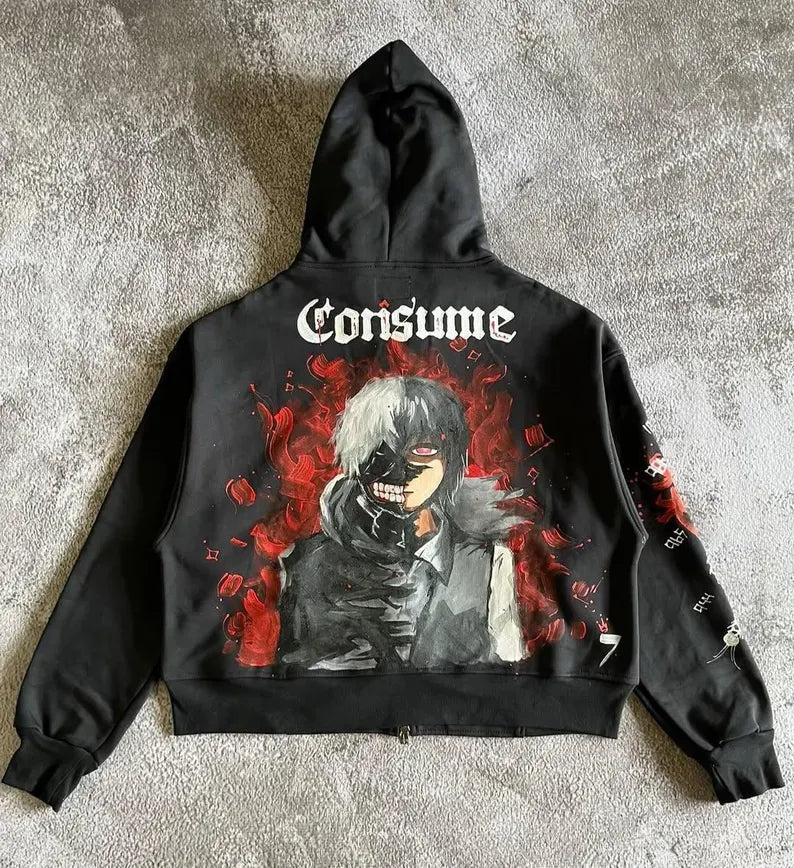 Chase Atlantic Anime Hoodie with graphic design and text 'Consume' on a textured surface