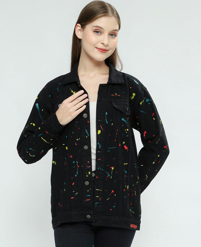 black denim jacket with colorful splashes and stripes street style artistic painting