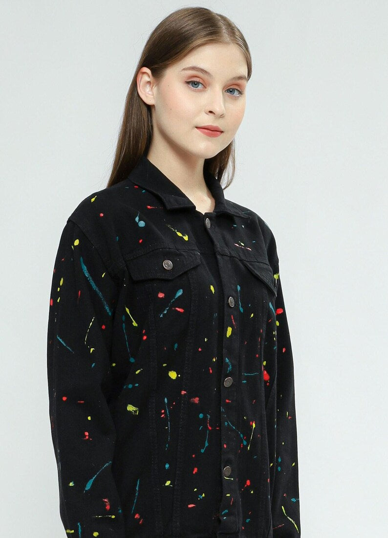 black denim jacket with colorful splashes and stripes street style artistic painting