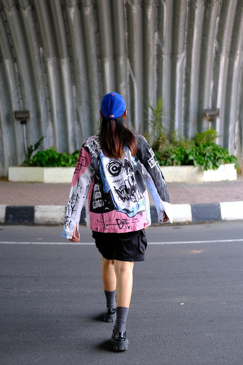 Hand painted lil peep rapper custom in denim jacket street art Never Say Die