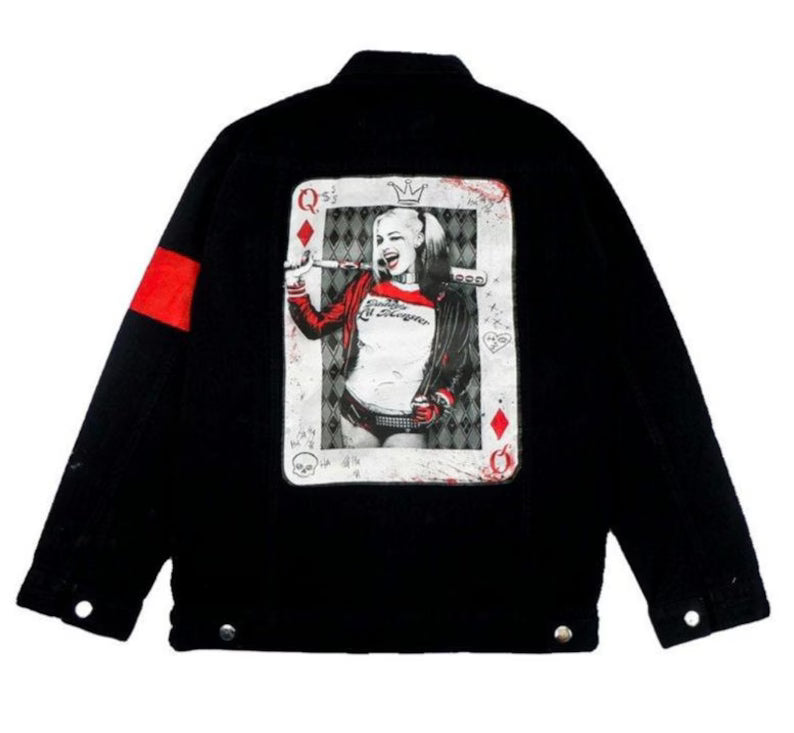 Harley Quinn "Mad Love" Black jacket with a graphic of a playing card featuring a character on the back