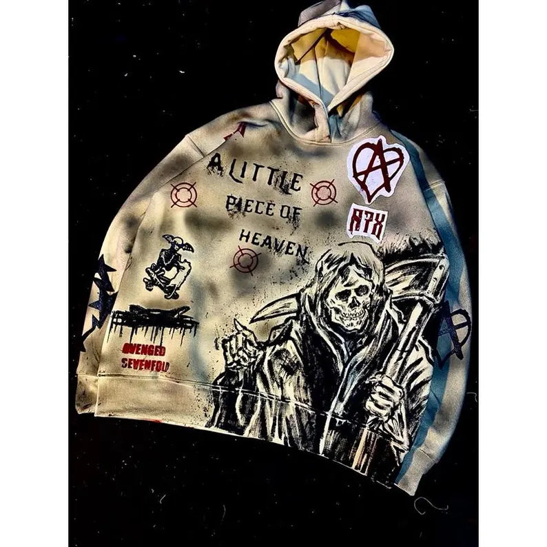 beige hoodie Jacket with Hand-Painted avenged sevenfold x Street Art Design – gothic style sweatshirt