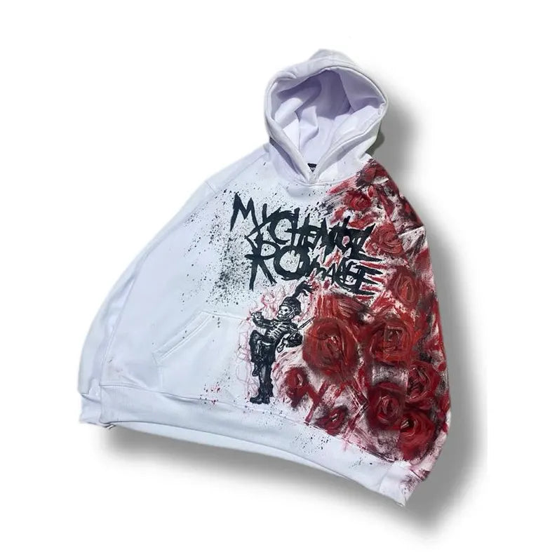 White Hand-Painted My Chemical Romance Hoodie – Unique Streetwear Jacket with Punk Rock & Emo Art Design