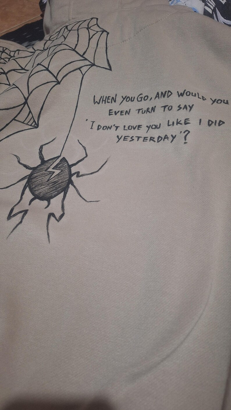 hoodie with spider design and text on a plain background