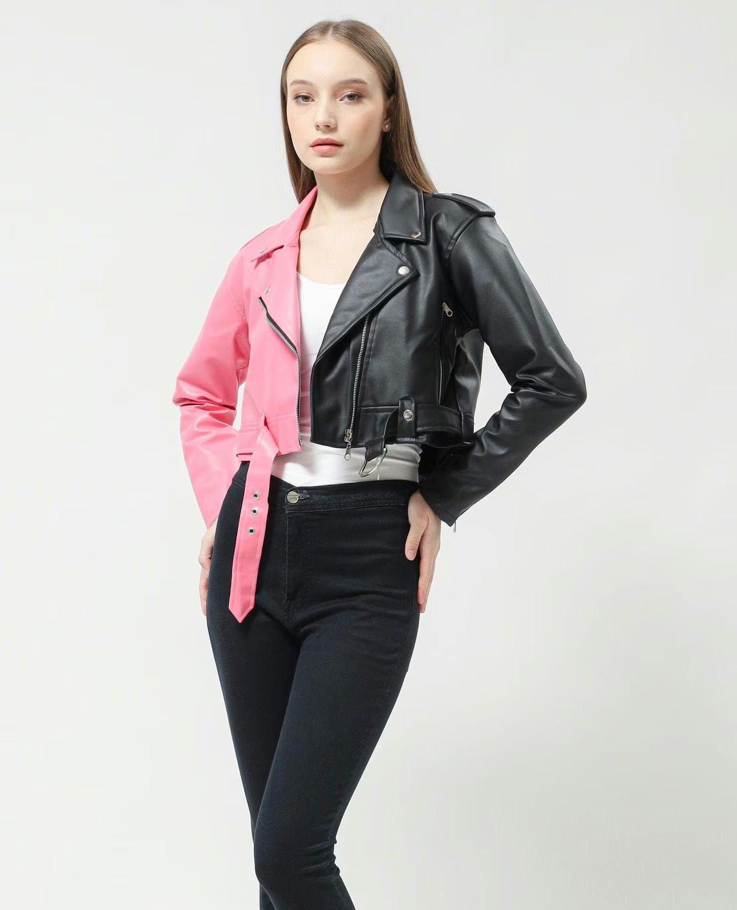 Two Tone Black & Pink Cropped Leather Jacket for Women – Street Art Punk Style Moto Jacket