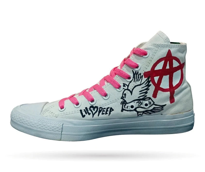 Lil Peep White high-top sneaker with pink laces, black graphics, and red symbol on a white background