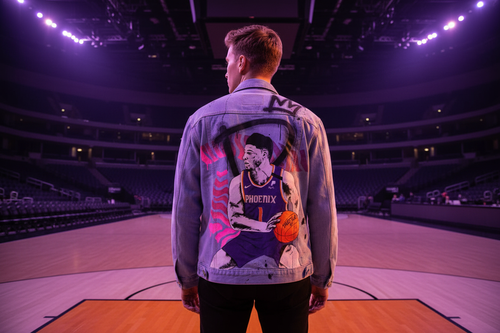 Man wearing a hand-painted denim jacket featuring a portrait of Devin Booker on the Phoenix Suns for a basketball outfit Berlin Arena
