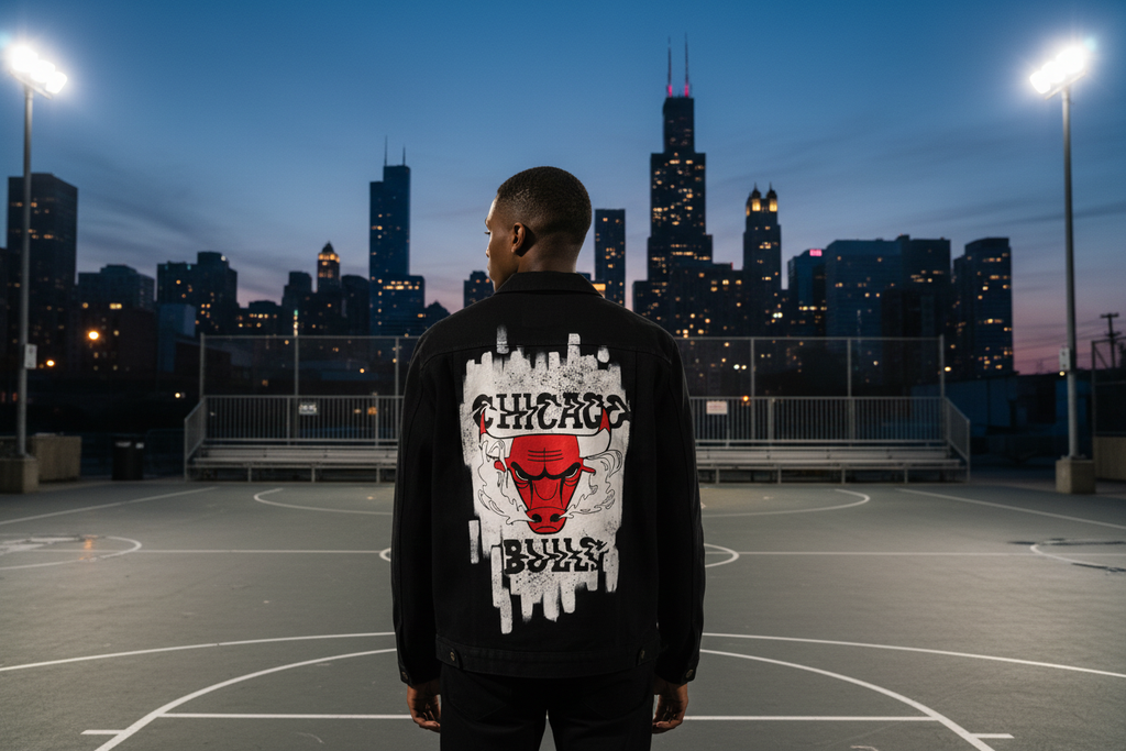 Man wearing a hand-painted Chicago Bulls denim jacket with the iconic red bull logo for a basketball street outfit.