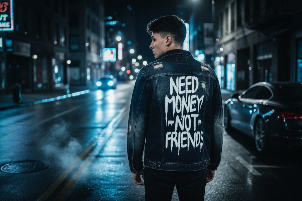 Need Money Not Friends Jacket, Typography Streetwear Denim