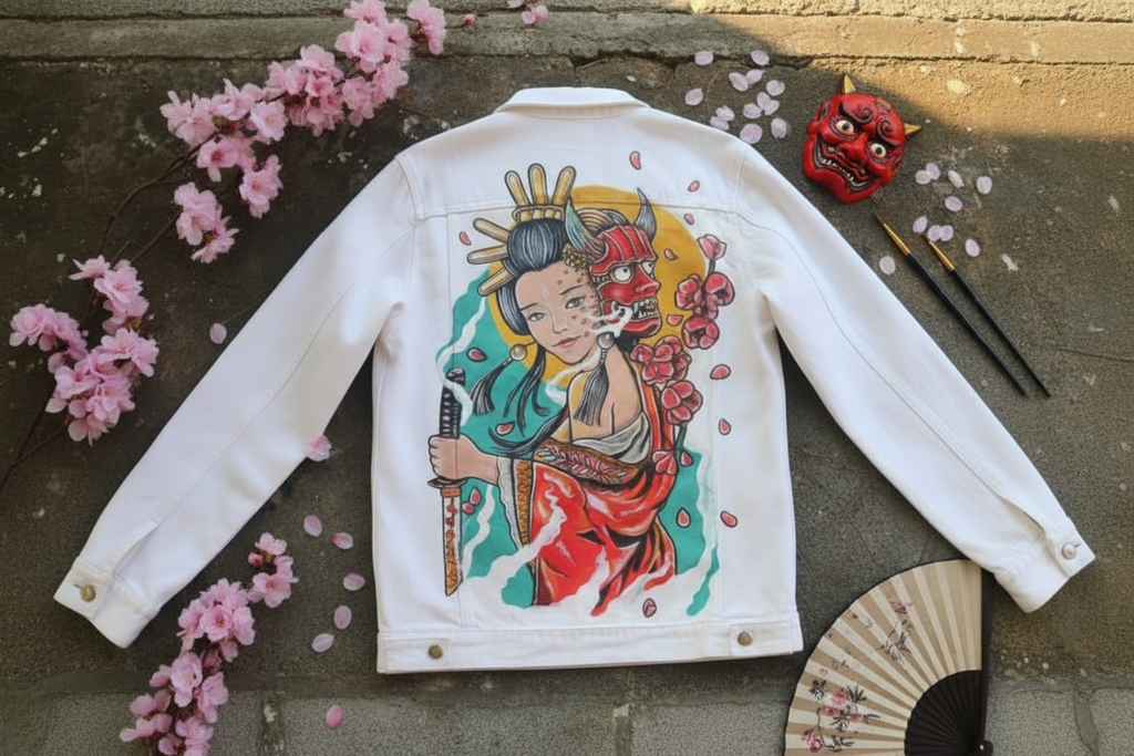 white hand-painted denim jacket with a female samurai onna-bugeisha mural Japanese Warrior