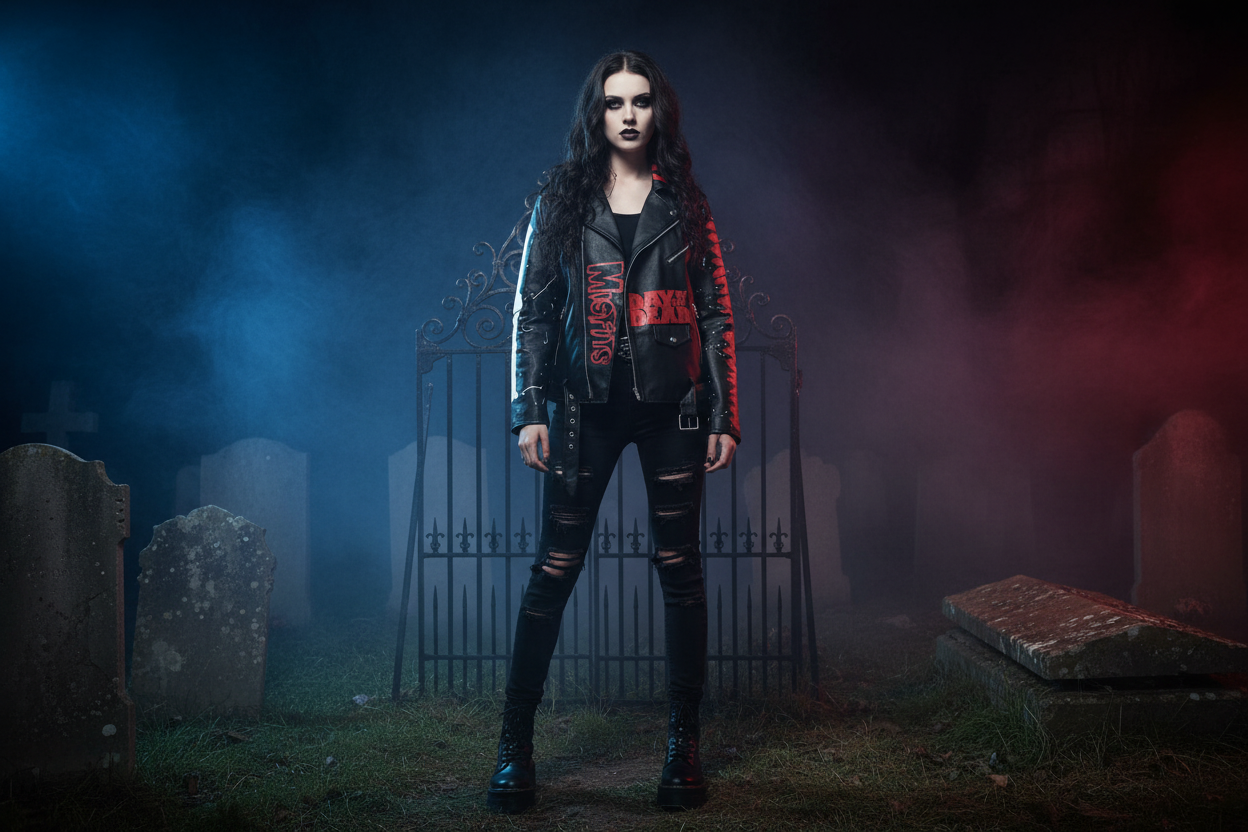 Katalog London Cemetery - hand-painted Misfits biker leather jacket with a Crimson Ghost skull for a punk rock outfit