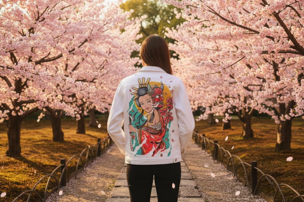 Person wearing a white hand-painted denim jacket with a female samurai onna-bugeisha mural artistic exclusivity