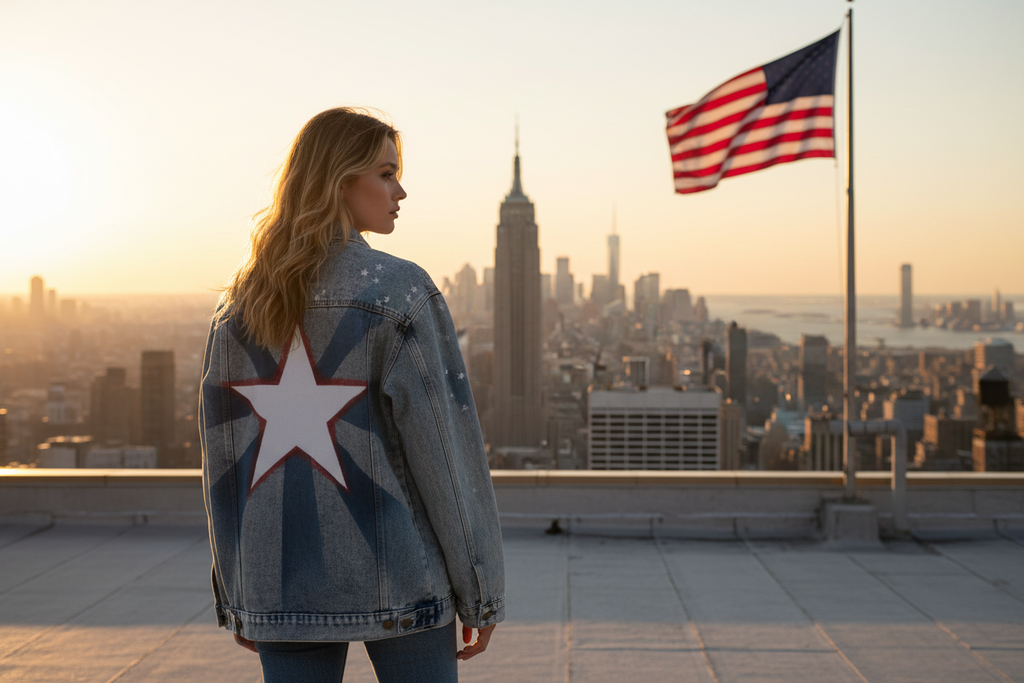 Woman wearing a hand-painted America Chavez denim jacket with the iconic star street art for a Marvel cosplay outfit