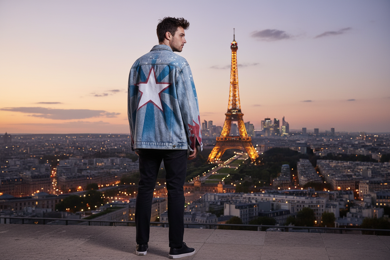 Person wearing a Marvel Cosplay Ideas denim jacket with a star design, standing in front of the Eiffel Tower at dusk.