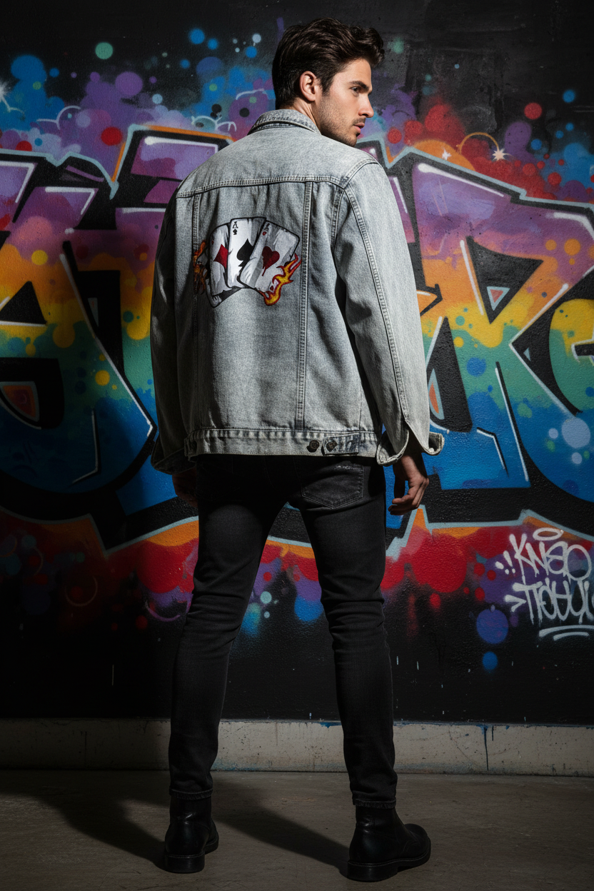 Custom Painted Denim Male Model card game Ace denim jacket at gravity wall
