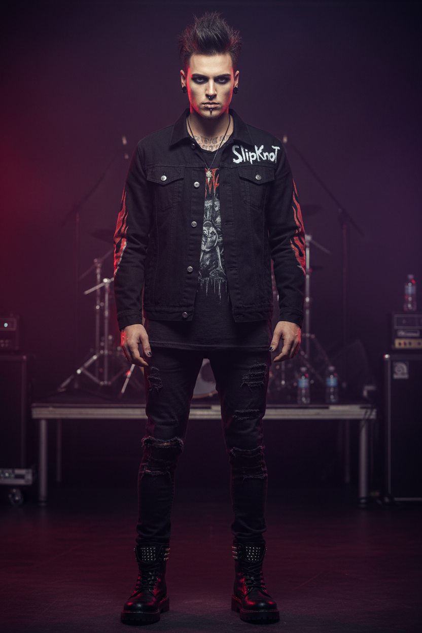 Man wearing a slipknot merch hand-painted black denim jacket with a Slipknot mask for a punk rock concert outfit