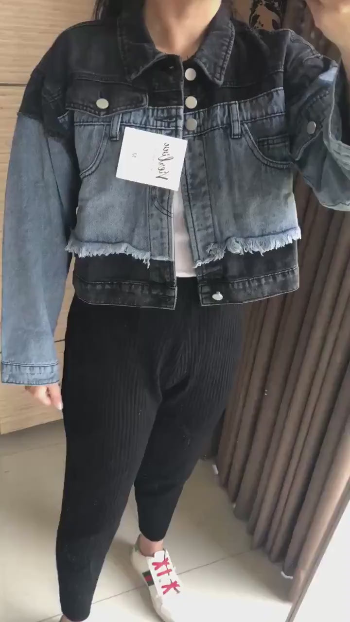 Aesthetic Street Art: Black and Blue Denim Crop Jacket - Unique Artwork by Street Artist