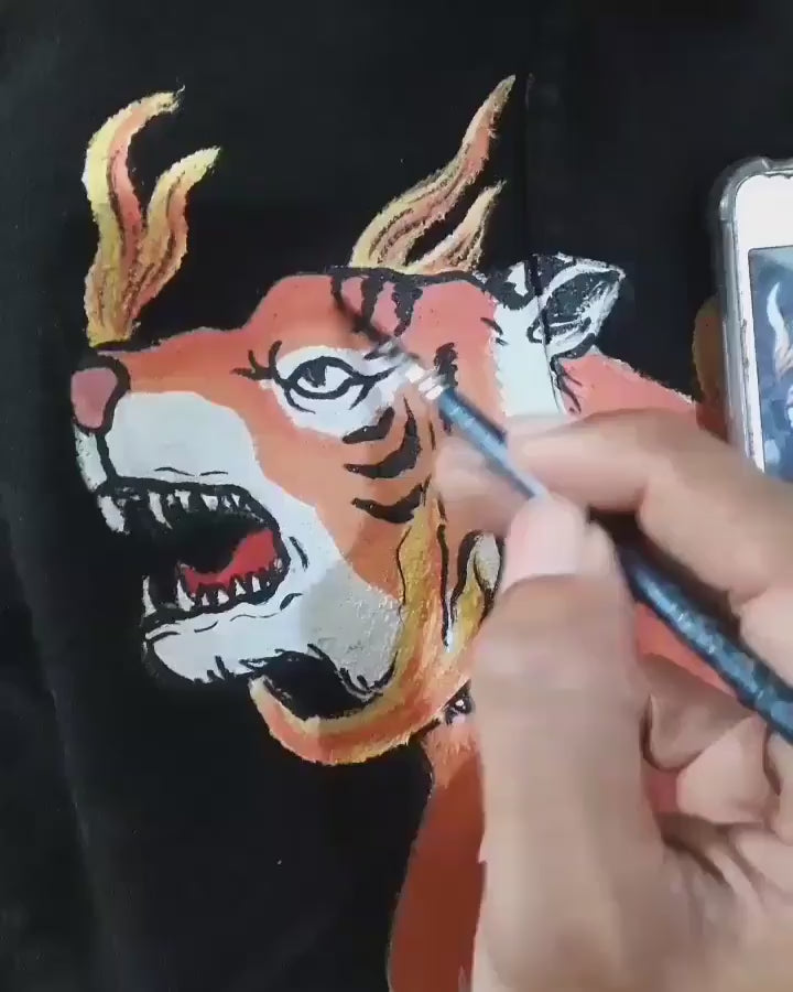 blue dragon Liong and Barongsai tiger in denim jacket with street design