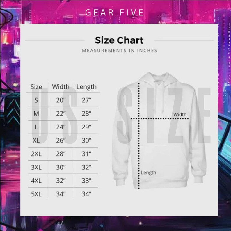 Size chart for a hoodie with measurements in inches, set against a colorful background.